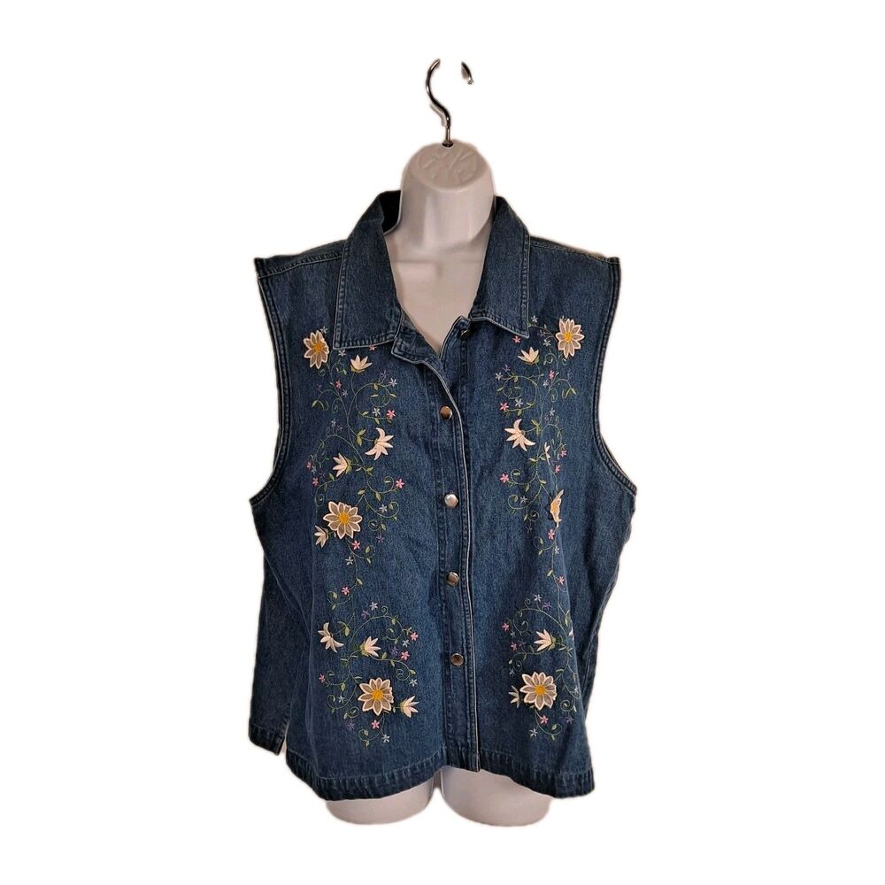 Decorated Originals Women's Denim Vest Size L Embroidered Floral Daisy Accents